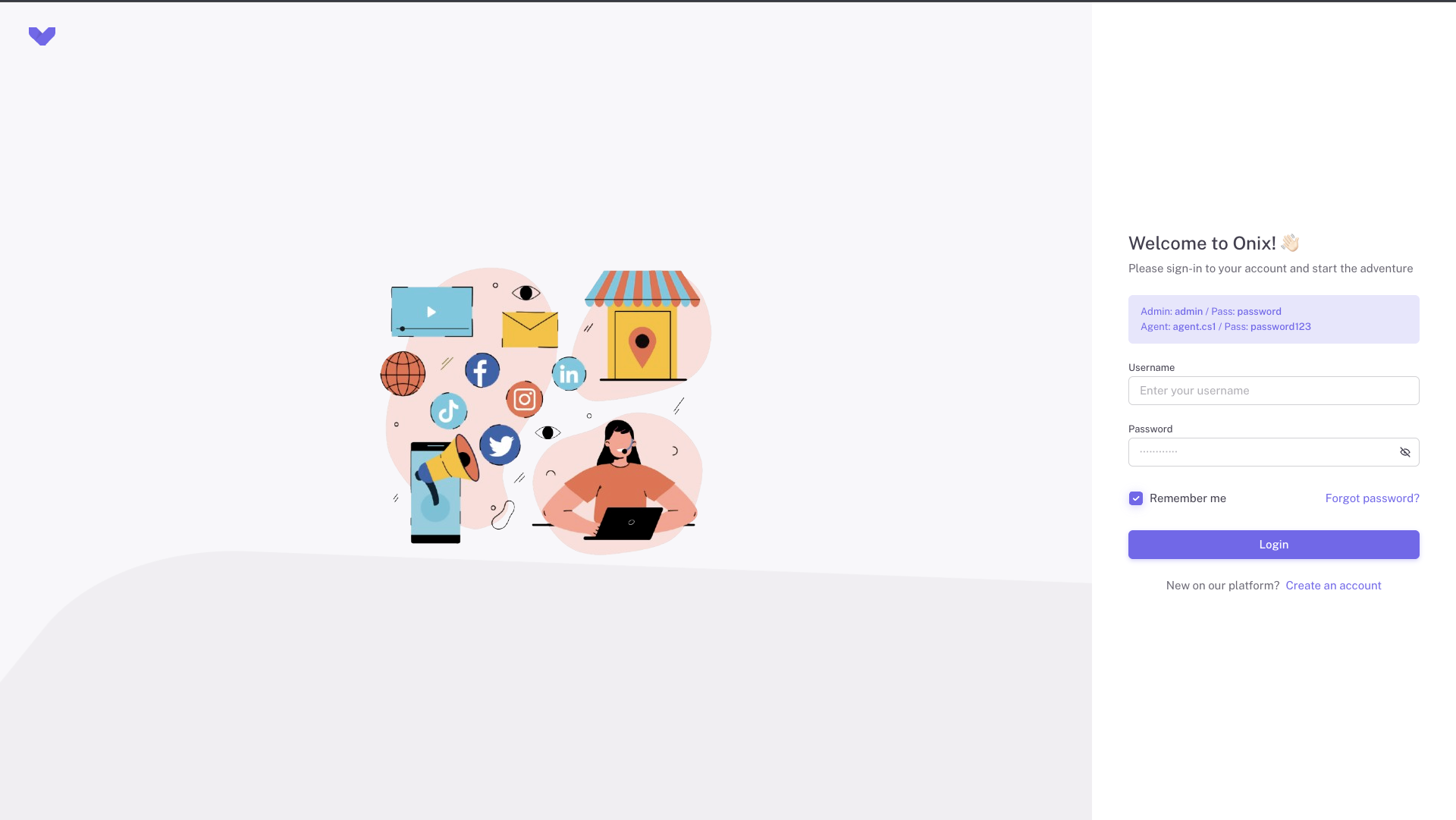 Tampilan login platform omnichannel Onix